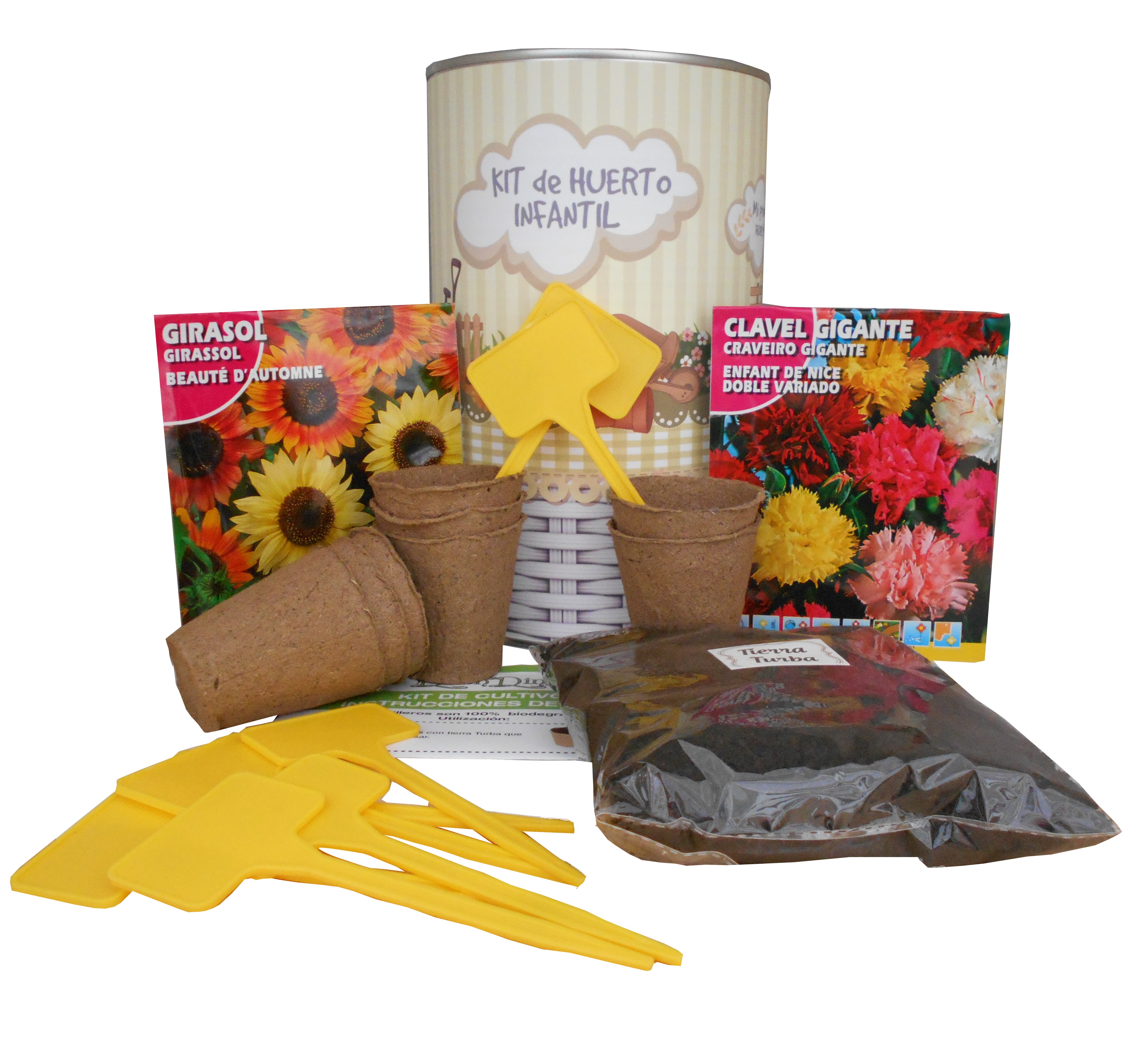 Kit de huerto infantil con semilleros, tierra turba, Clavel Gigante,  semillas Girasol y marcaje de semilleros